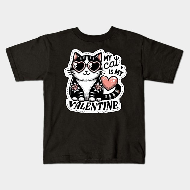 My Cat is My Valentine - Cute Cat in Heart Sunglasses Kids T-Shirt by ANSAN